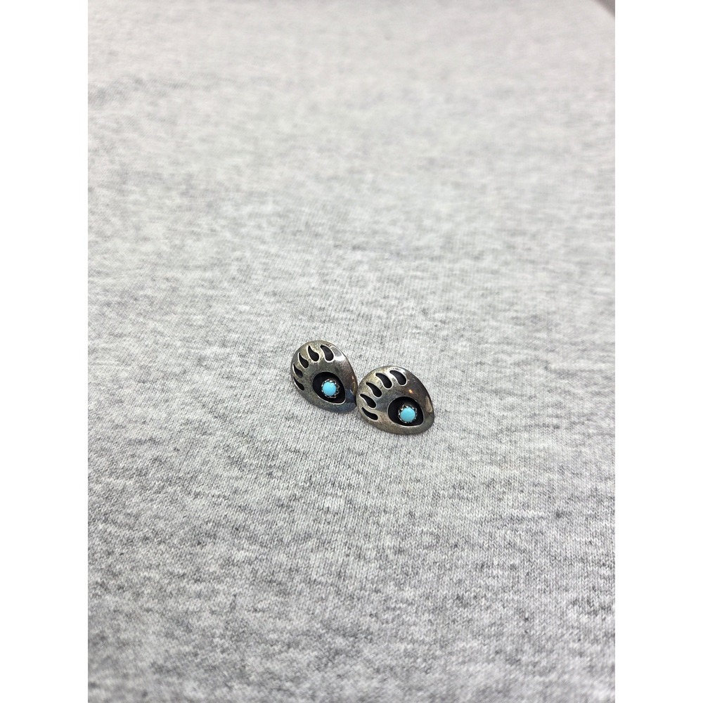 Vintage Navajo Sterling Silver Turquoise Bear Claw Southwestern Dangle Earrings